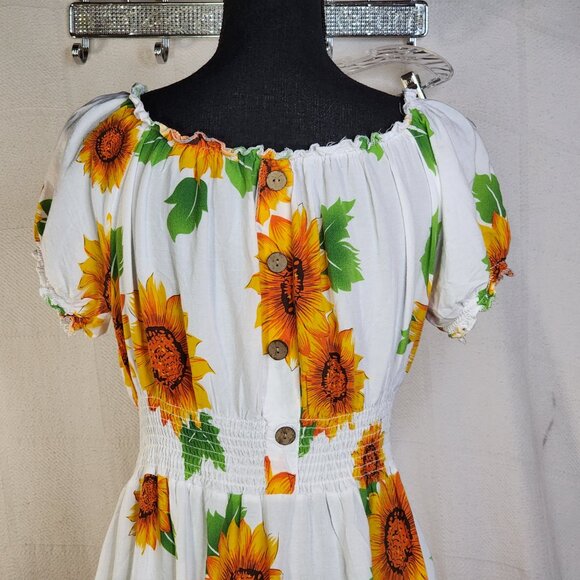 Ace White Yellow Orange Green Sunflowers Smocked Waist Drop Shoulder Maxi Sz 1X - Picture 3 of 16